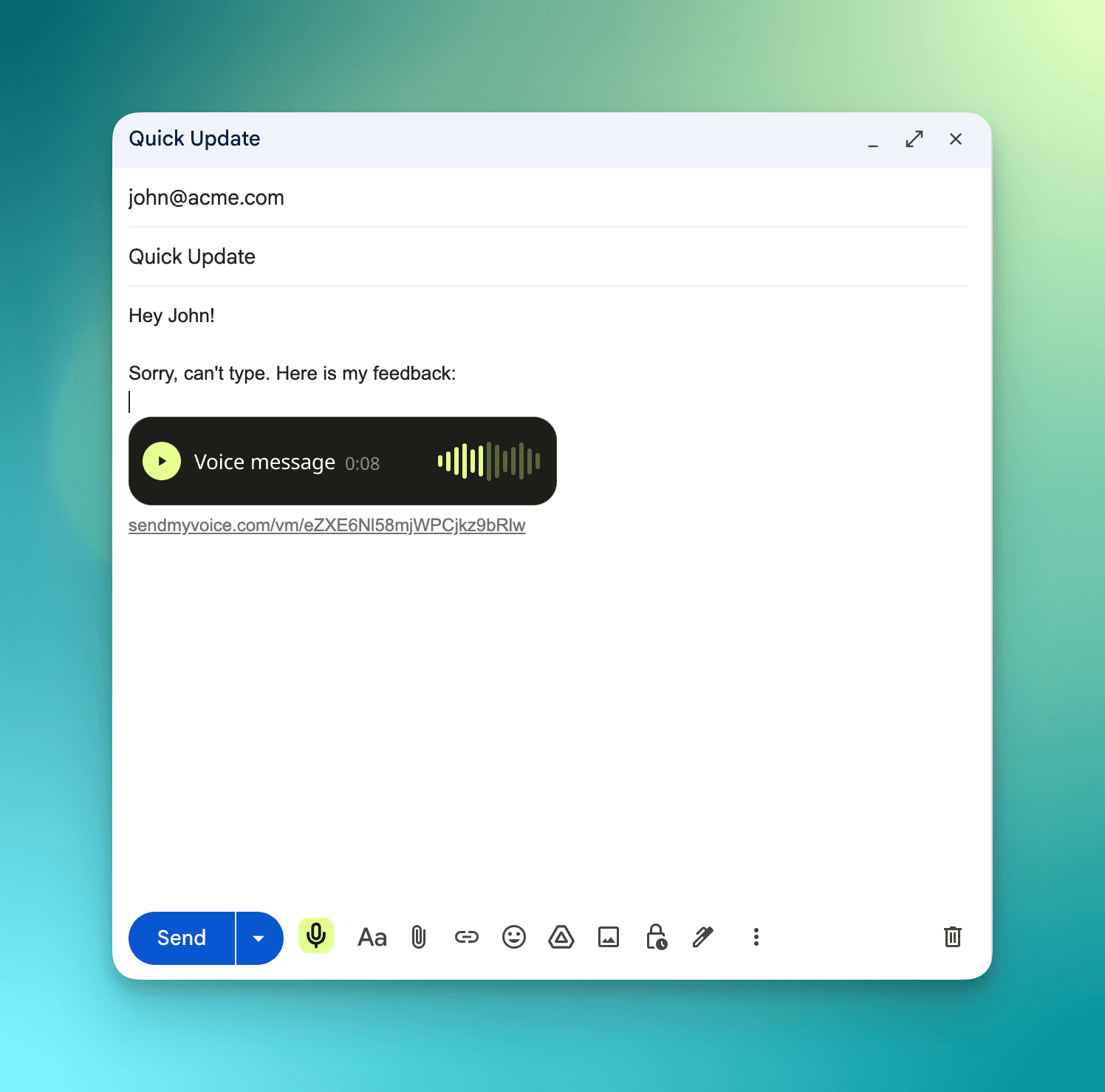 A Gmail compose window with a SendMyVoice voice message player embedded in the email body