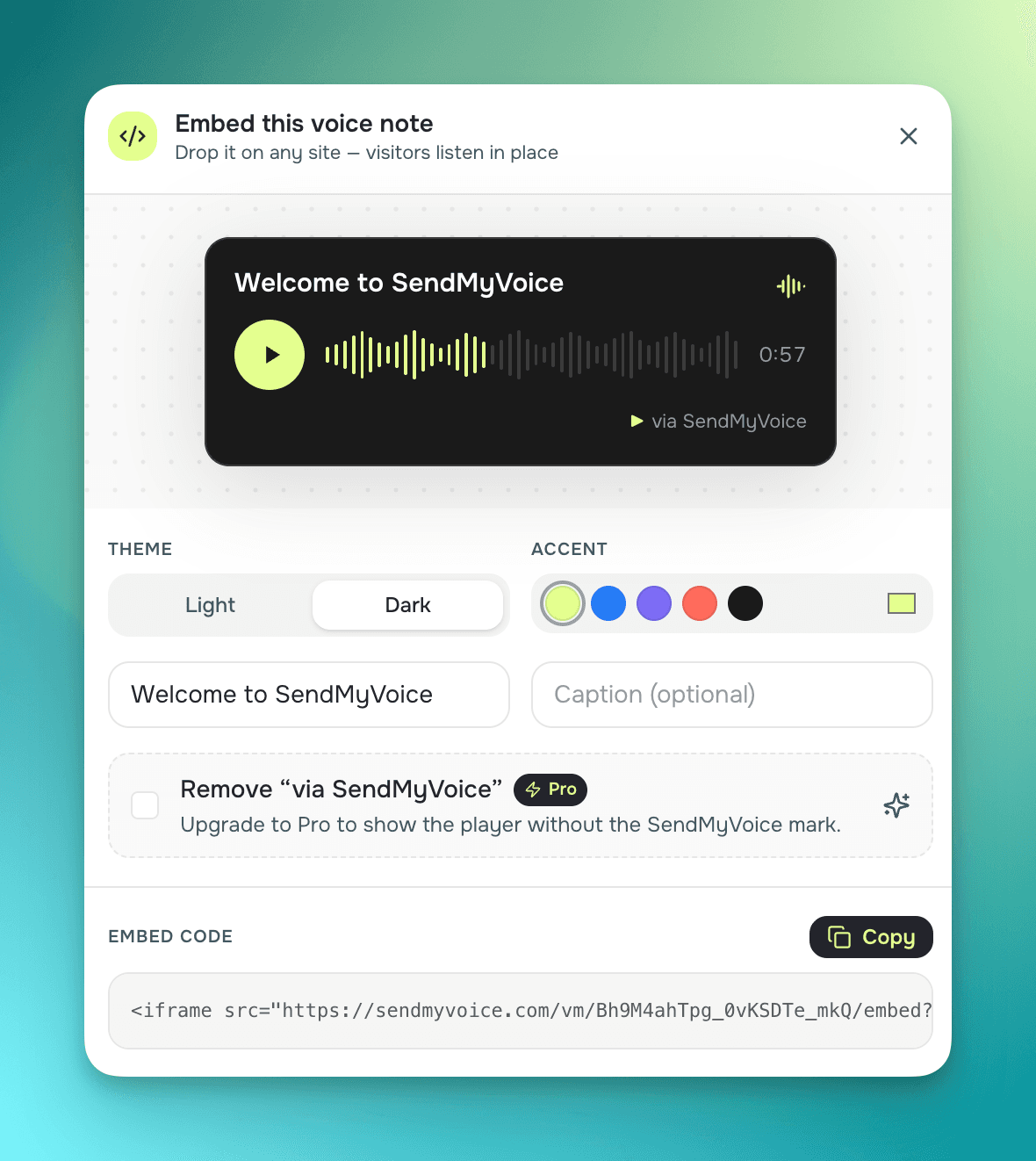 The SendMyVoice embed dialog — theme, accent, title, caption, and the copy-paste iframe code