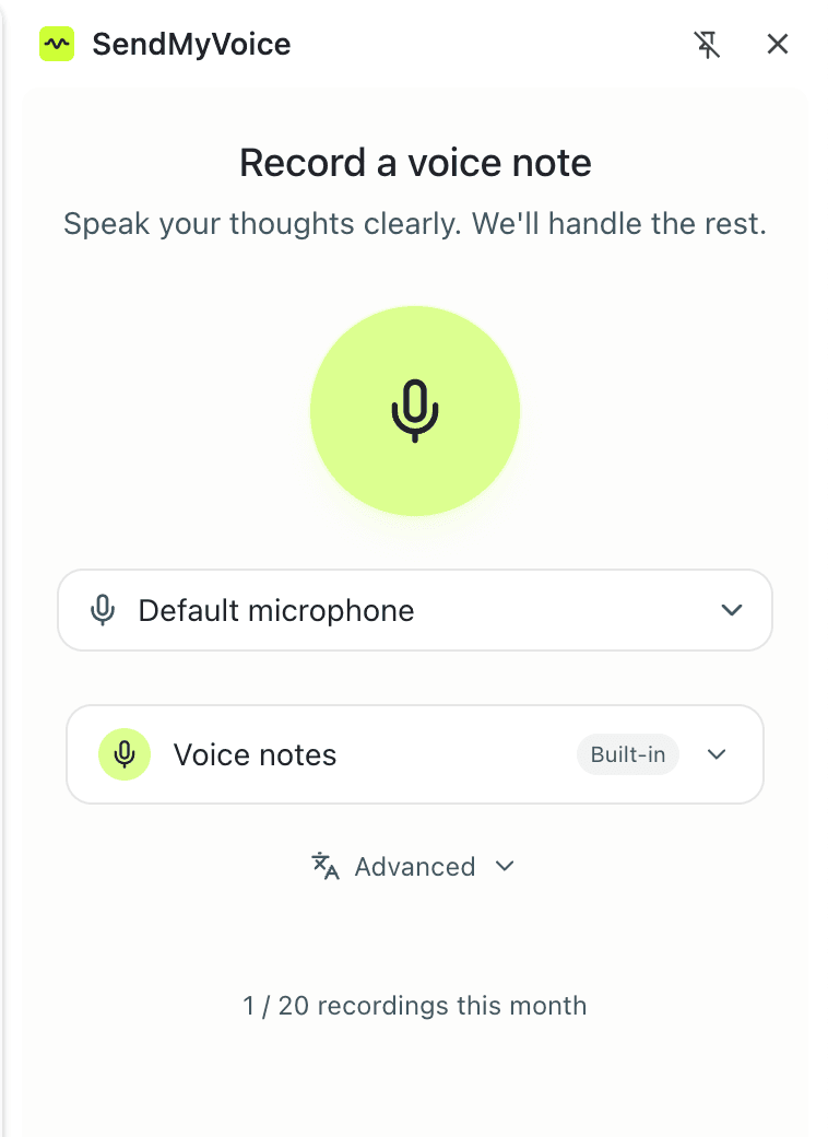 The SendMyVoice extension side panel showing the record button, microphone picker, and workflow selector