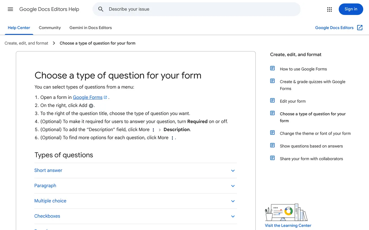 Google Docs Editors Help: the list of question types in Google Forms