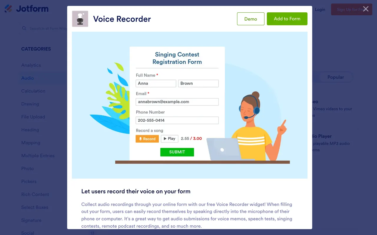 Jotform Voice Recorder widget page