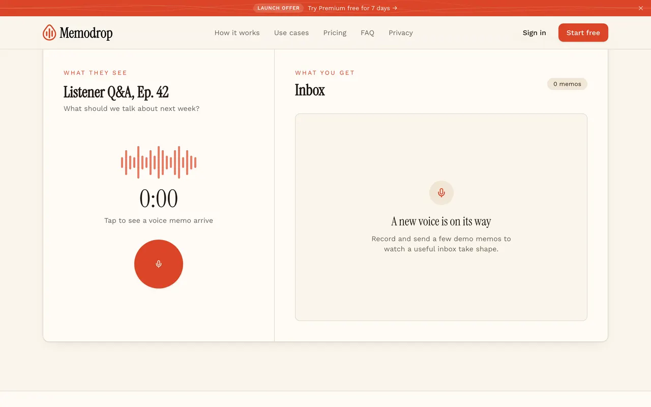Memodrop homepage demo: a recorder for a listener Q&A prompt next to an empty memo inbox