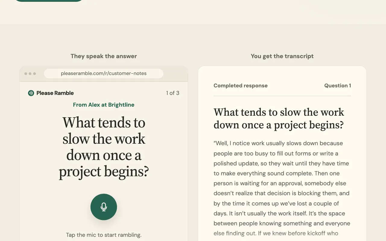 Please Ramble homepage: a question on the answer page next to the transcript of an answer
