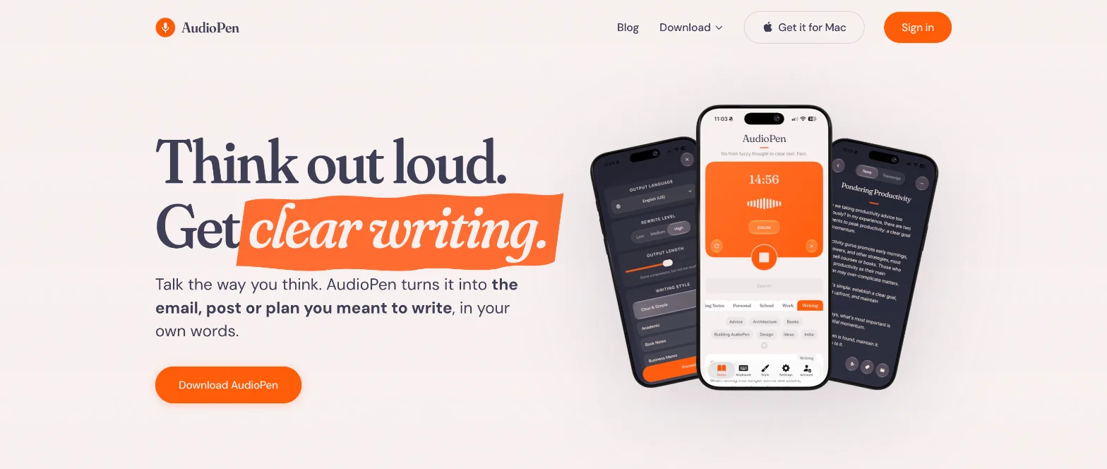 AudioPen homepage interface