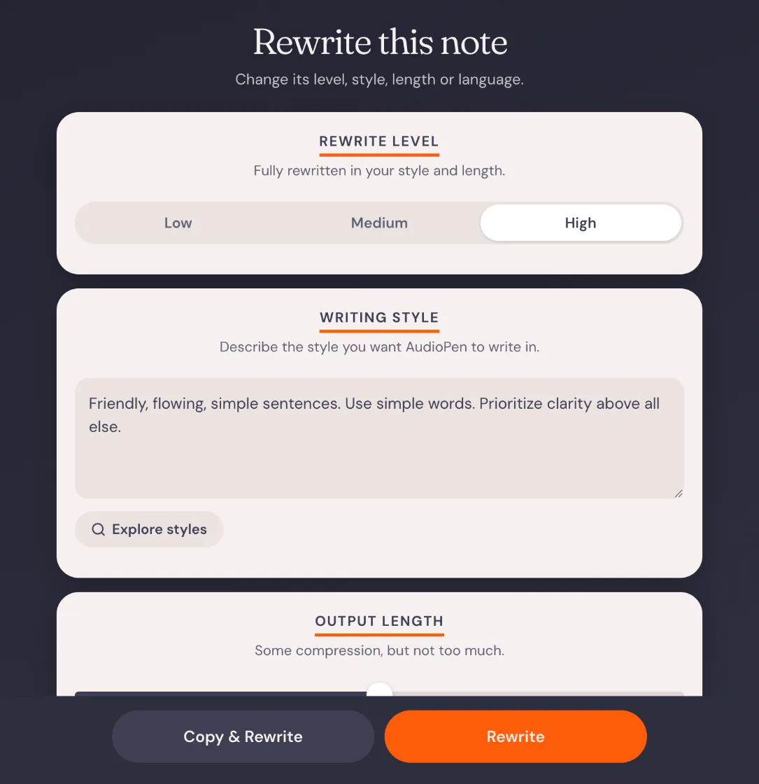 AudioPen's Rewrite this note dialog with rewrite level, writing style and output length