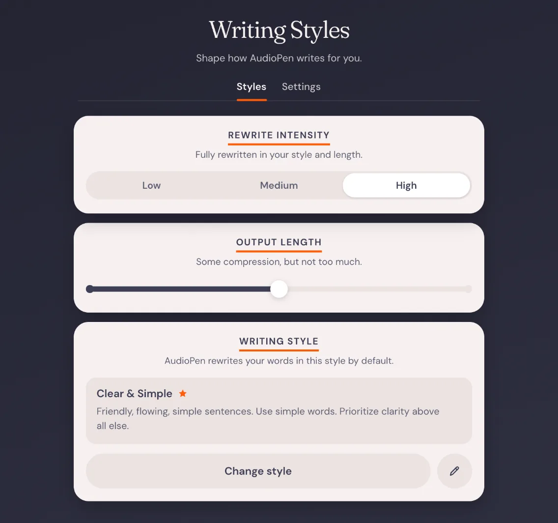 AudioPen's Writing Styles settings: rewrite intensity, output length and default style