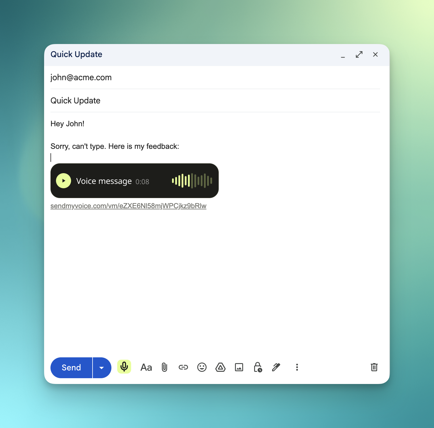 A Gmail compose window with a SendMyVoice voice message player embedded in the email body, and the record mic button highlighted in the toolbar