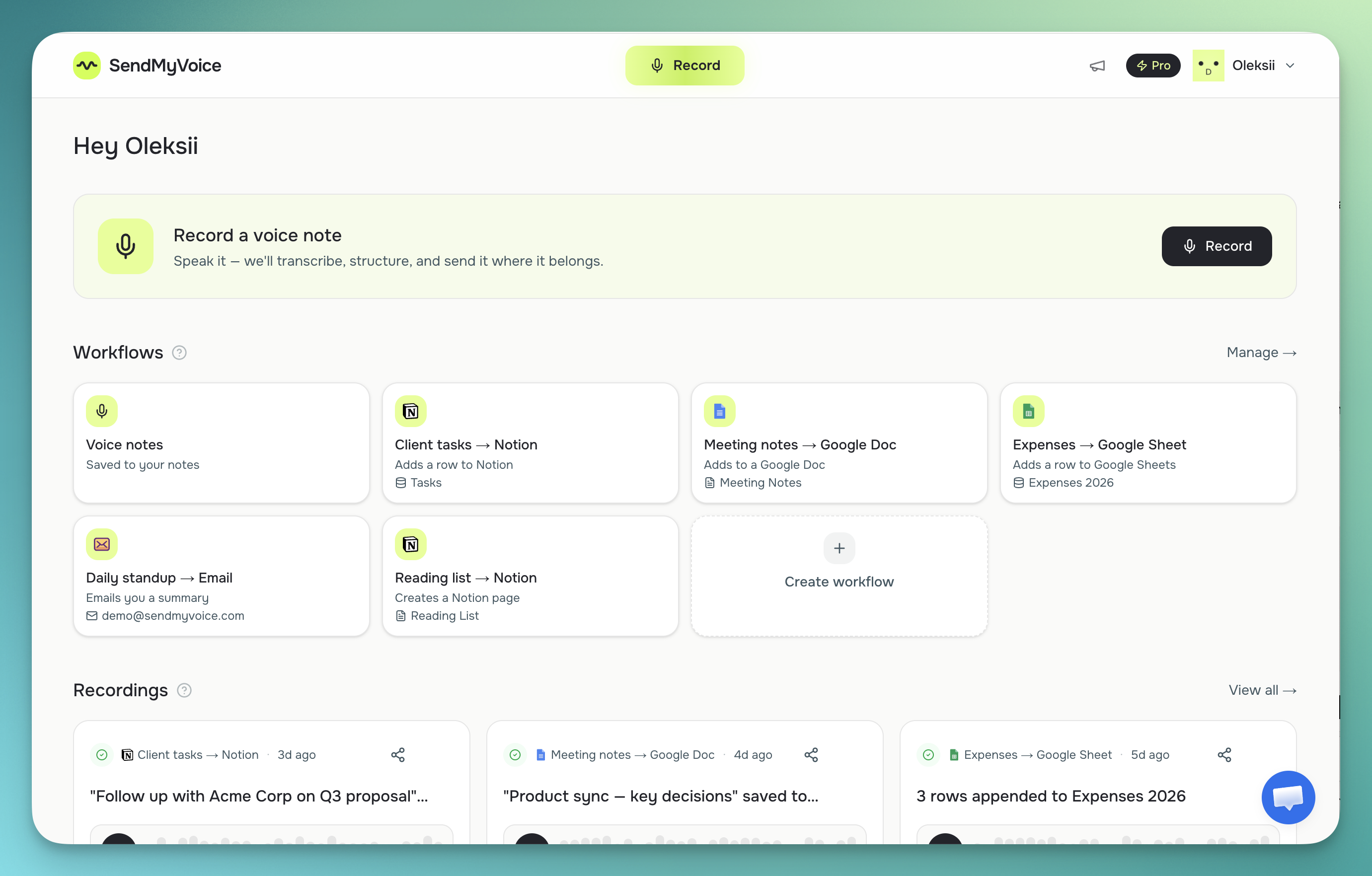 The SendMyVoice dashboard listing recordings