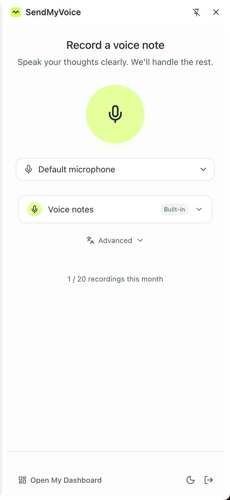 The SendMyVoice extension side panel open in a browser, showing the record button, microphone picker, and workflow selector