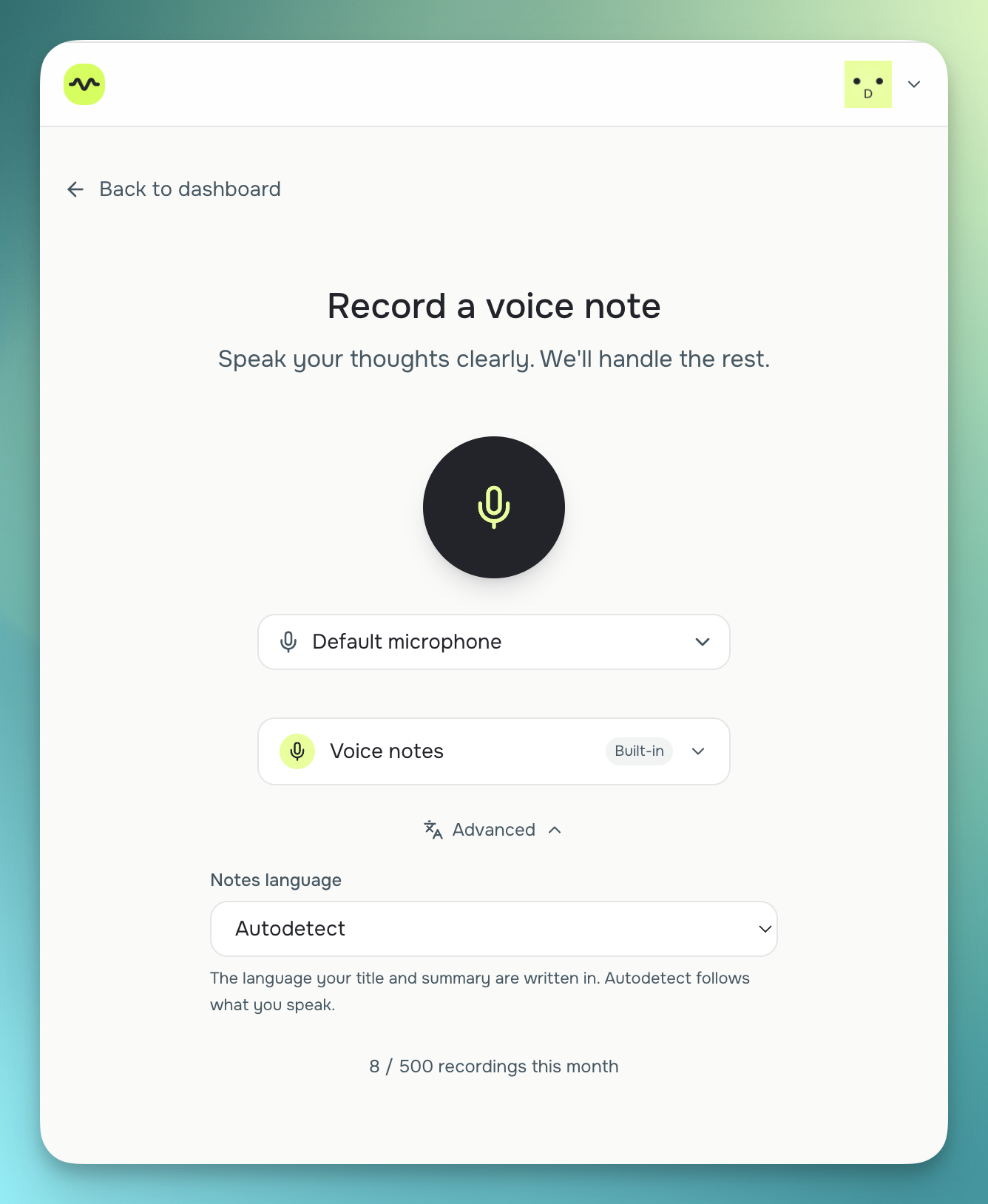 A SendMyVoice recording with its transcript and structured fields